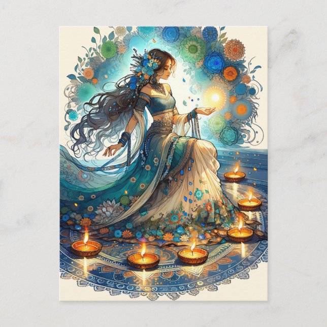 Beautiful Diwali Woman and Rangoli Holiday Postcard (Front)