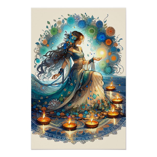 Beautiful Diwali Woman and Rangoli Poster (Front)
