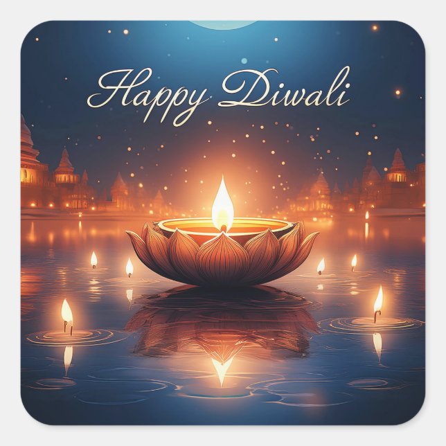 Beautiful Diya Festival of Light Happy Diwali Square Sticker (Front)