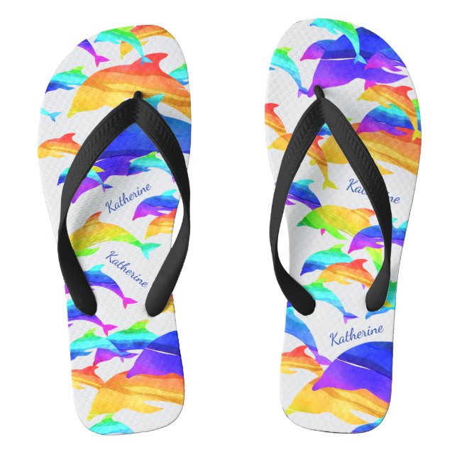 Beautiful Dolphins in Rainbow with First Name Flip Flops (Footbed)