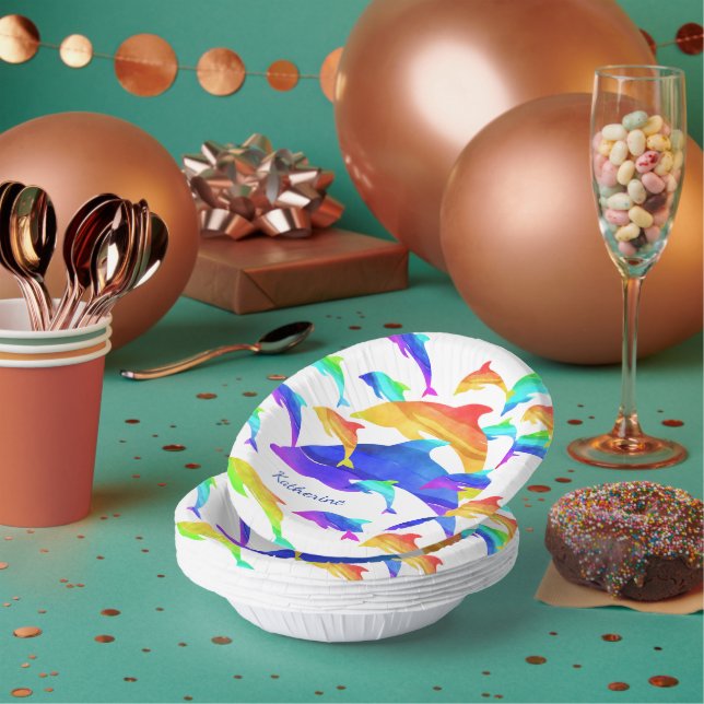 Beautiful Dolphins in Rainbow with First Name Paper Plate (Multi)