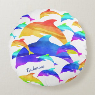 Beautiful Dolphins in Rainbow with First Name Round Pillow