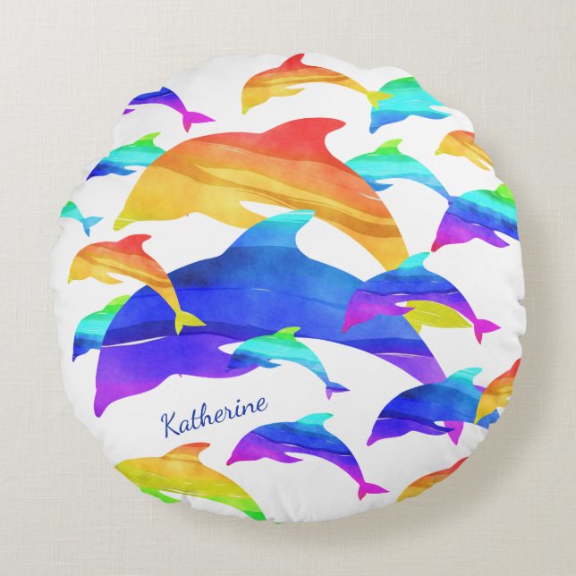 Beautiful Dolphins in Rainbow with First Name Round Pillow (Front)