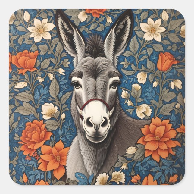 Beautiful Donkey Face Elegant Floral Square Sticker (Front)