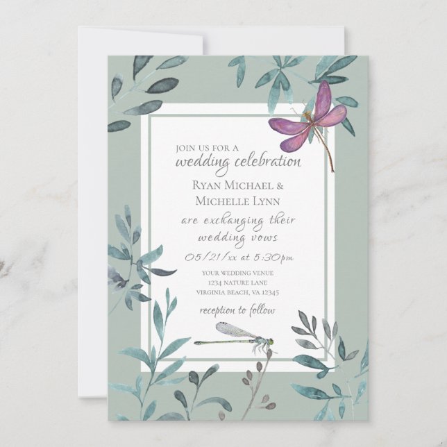 Beautiful Dragonfly and Garden Greenery Wedding Invitation (Front)