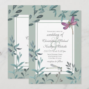 Beautiful Dragonfly and Garden Greenery Wedding Invitation