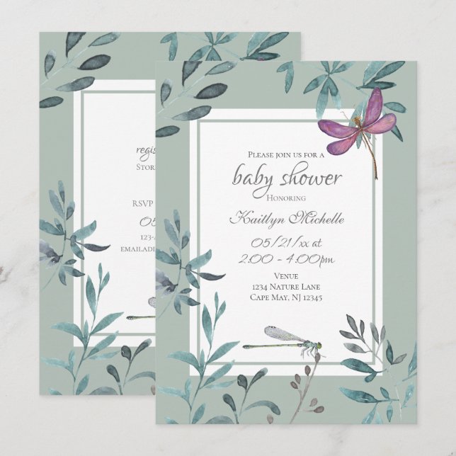 Beautiful Dragonfly Garden Greenery Baby Shower Invitation (Front/Back)