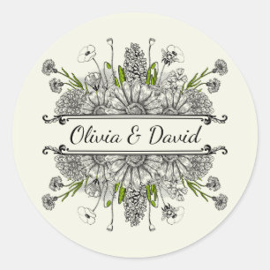 Beautiful drawing of black and white flowers classic round sticker