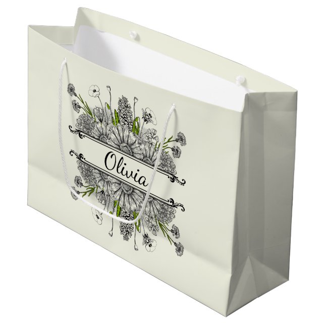 Beautiful drawing of black and white flowers large gift bag (Front Angled)