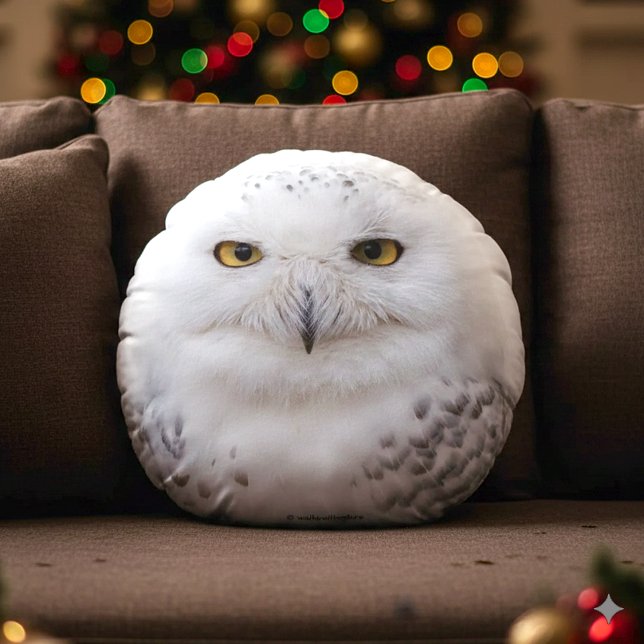 Beautiful, Dreamy and Serene Snowy Owl Round Pillow (Snowy Owl Round Throw Pillow Cover Photo)