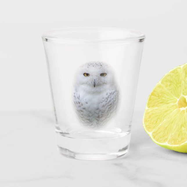 Beautiful, Dreamy and Serene Snowy Owl Shot Glass (Front)