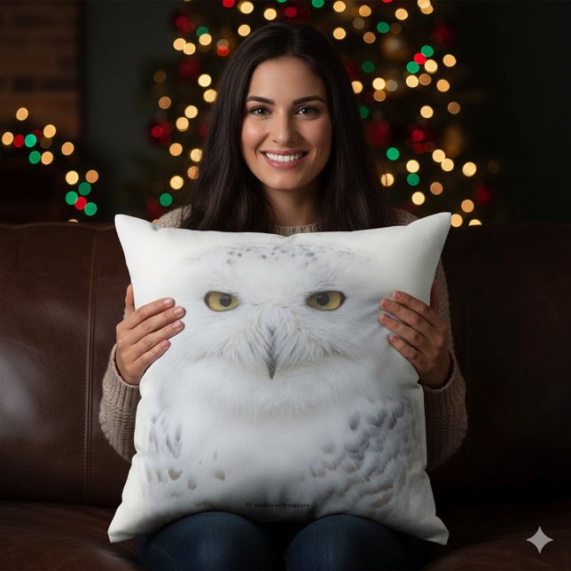 Beautiful, Dreamy and Serene Snowy Owl Throw Pillow (Snowy Owl Square Throw Cushion Cover Photo)