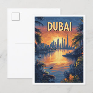 Beautiful Dubai Vintage Illustration Travel Postcard