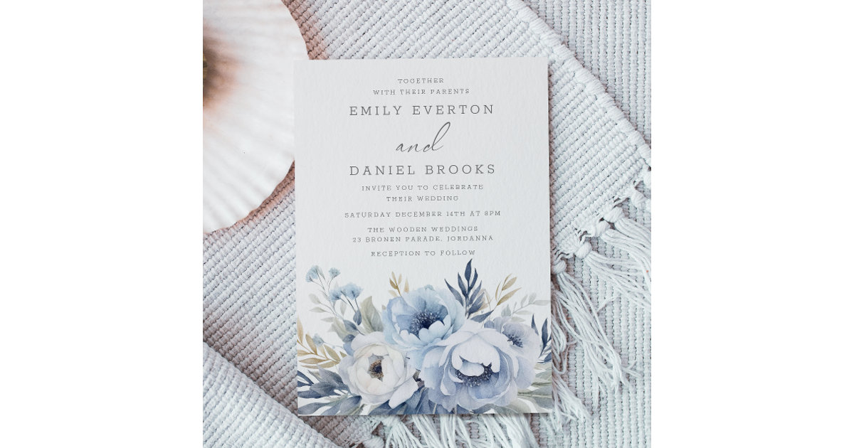 Beautiful Dusty Blue Floral Wedding Invitation | Zazzle