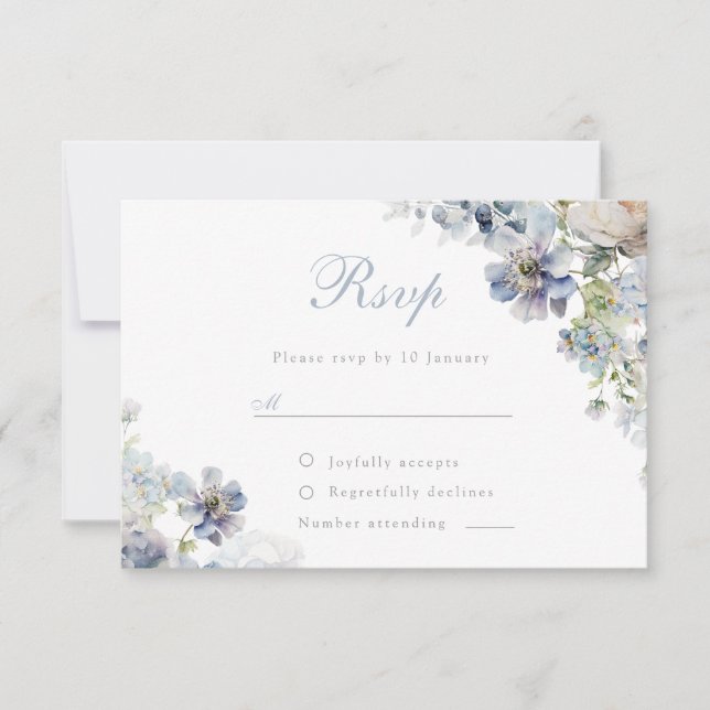 Beautiful Dusty Blue Flowers Elegant Wedding RSVP Card (Front)