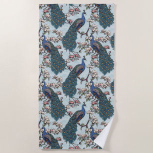 Beautiful Dusty Blue Peacocks and Magnolia Flowers Beach Towel