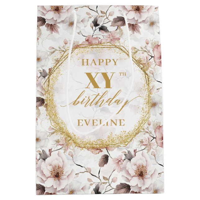 Beautiful Dusty Pink Boho Gold Birthday Gift Bag   (Front)