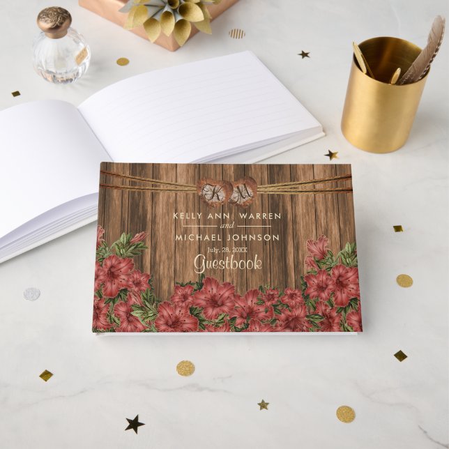 Beautiful Dusty Rose Flowers on Wood - Guestbook (Front Open)
