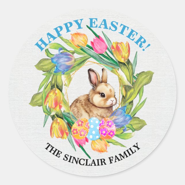 Beautiful Easter Bunny Eggs Tulips Classic Round Sticker (Front)