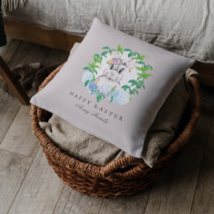 Beautiful Easter Bunny Floral Wreath Throw Pillow