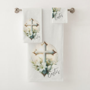 Beautiful Easter Cross with Easter Lilies Bath Towel Set