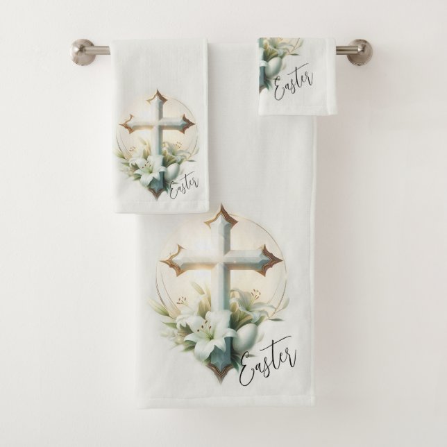 Beautiful Easter Cross with Easter Lilies  Bath Towel Set (Insitu)
