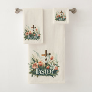 Beautiful Easter Cross with Lilies and Tulips Bath Towel Set