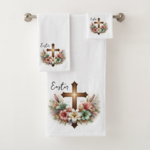 Beautiful Easter Cross with Pastel Lilies Easter Bath Towel Set
