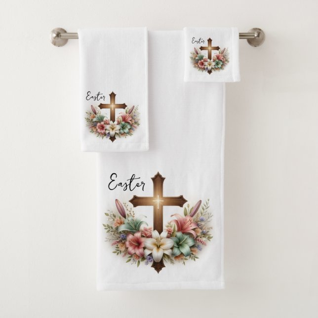 Beautiful Easter Cross with Pastel Lilies Easter Bath Towel Set (Insitu)