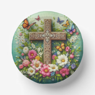 Beautiful Easter floral cross with butterflies Paper Plate