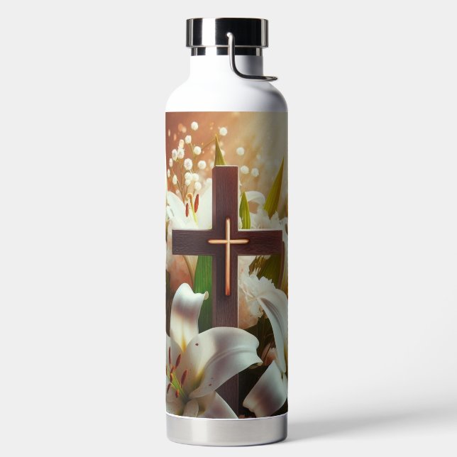 Beautiful Easter lily cross Water Bottle (Left)