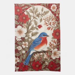 Beautiful Eastern Bluebird Red Floral Kitchen Towel