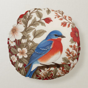 Beautiful Eastern Bluebird Red Floral  Round Pillow