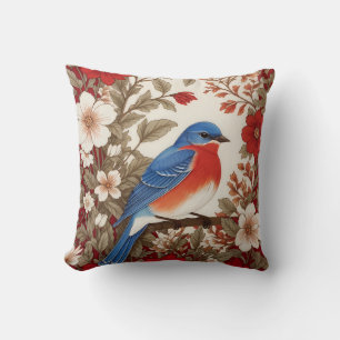 Beautiful Eastern Bluebird Red Floral  Throw Pillow