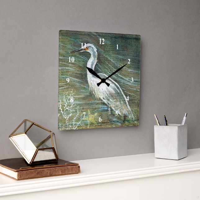 Beautiful Egret Shorebird Wading In Water Art Square Wall Clock (Egret shorebird wall clock from Jenn's Emporium. )