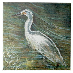 Beautiful Egret Shorebird Wading In Water Art Tile