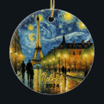 Beautiful Eiffel Tower Paris Souvenir Ceramic Ornament<br><div class="desc">Beautiful personalizable starry night scene in Paris.

Customization:
Change Caption and year to make it unique.</div>