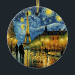 Beautiful Eiffel Tower Paris Souvenir Ceramic Ornament<br><div class="desc">Beautiful personalizable starry night scene in Paris.

Customization:
Change Caption and year to make it unique.</div>
