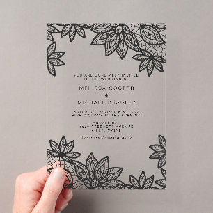 Beautiful Elegant Black Lace Wedding Acrylic Invitations