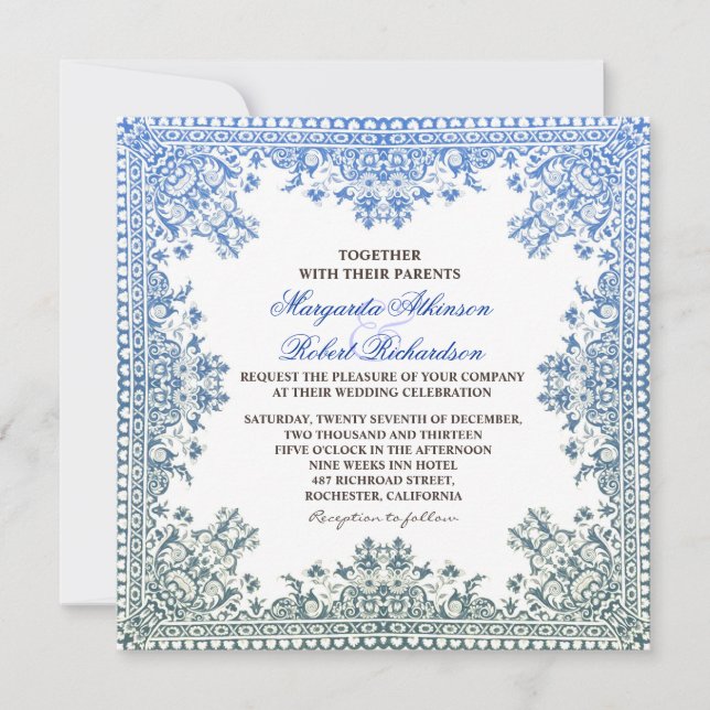 beautiful elegant blue frame wedding invites (Front)