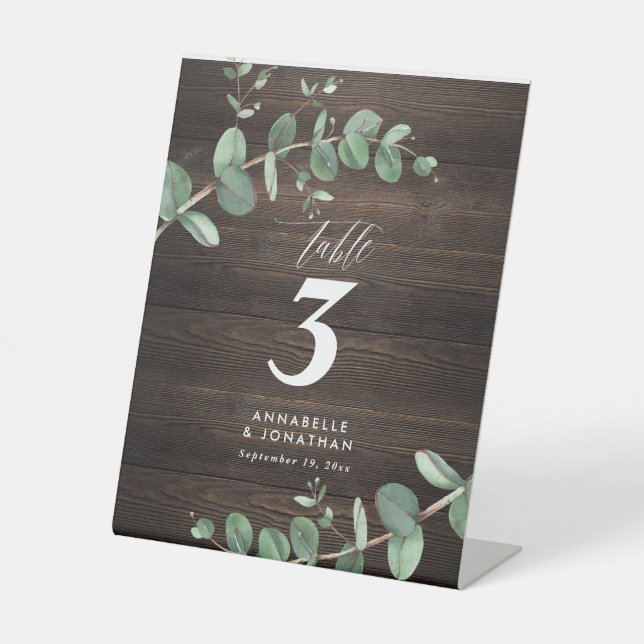 Beautiful elegant eucalyptus foliage wedding table pedestal sign (Front)