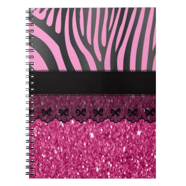Beautiful elegant girly  zebra lace glitter notebook (Front)