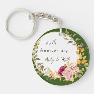 Beautiful Elegant Green Floral Wreath 25th Wedding Keychain