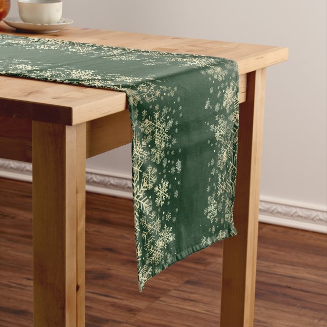 Beautiful Elegant Green & Gold Snowflakes   Short Table Runner (In Situ)