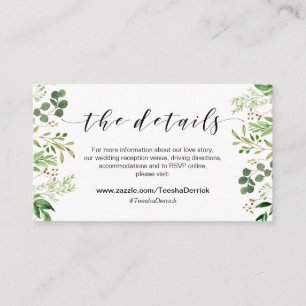 Beautiful Elegant Greenery, Black, Wedding Details Enclosure Card