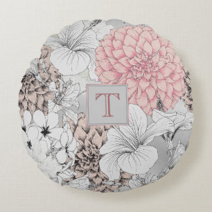 Beautiful Elegant Modern Floral Monogram Round Pillow