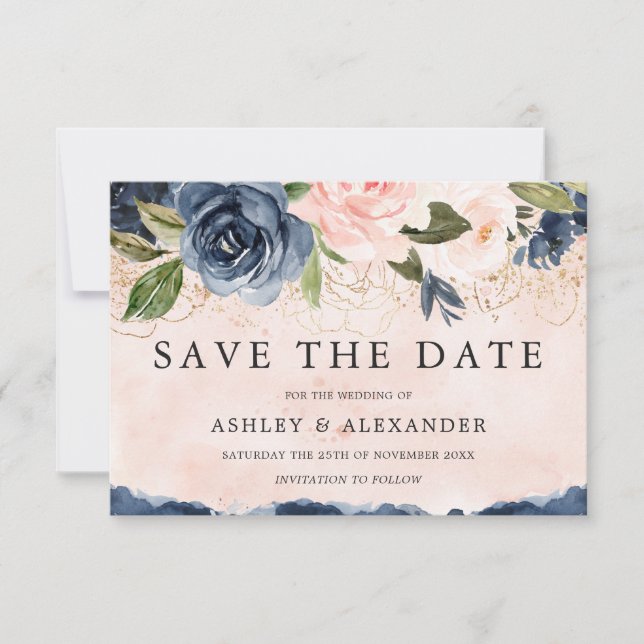 Beautiful Elegant Navy Floral Gold Blush Save The Date (Front)