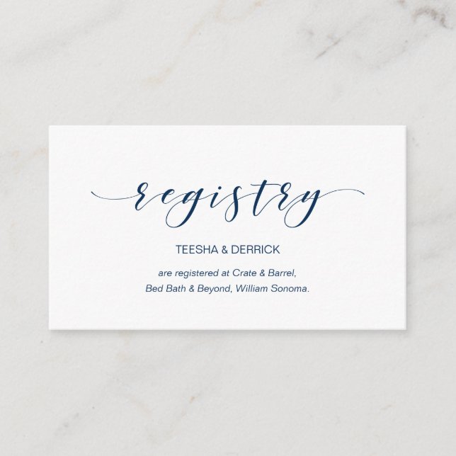 Beautiful Elegant, Navy Script, Wedding Registry Enclosure Card (Front)