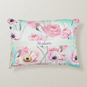 Beautiful Elegant Pink Floral Roses Monogram with  Accent Pillow