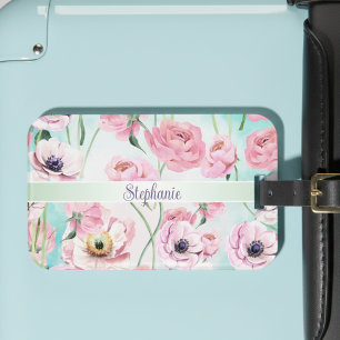 Beautiful Elegant Pink Floral Roses Monogram with  Luggage Tag